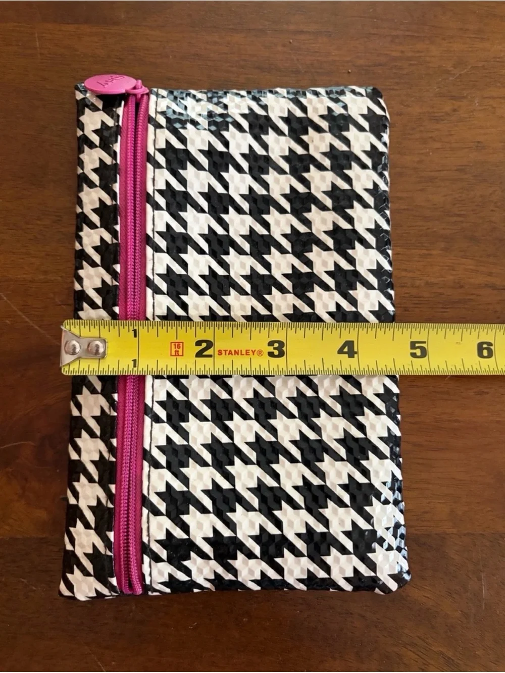Houndstooth Zip Pouch with Pink Accent